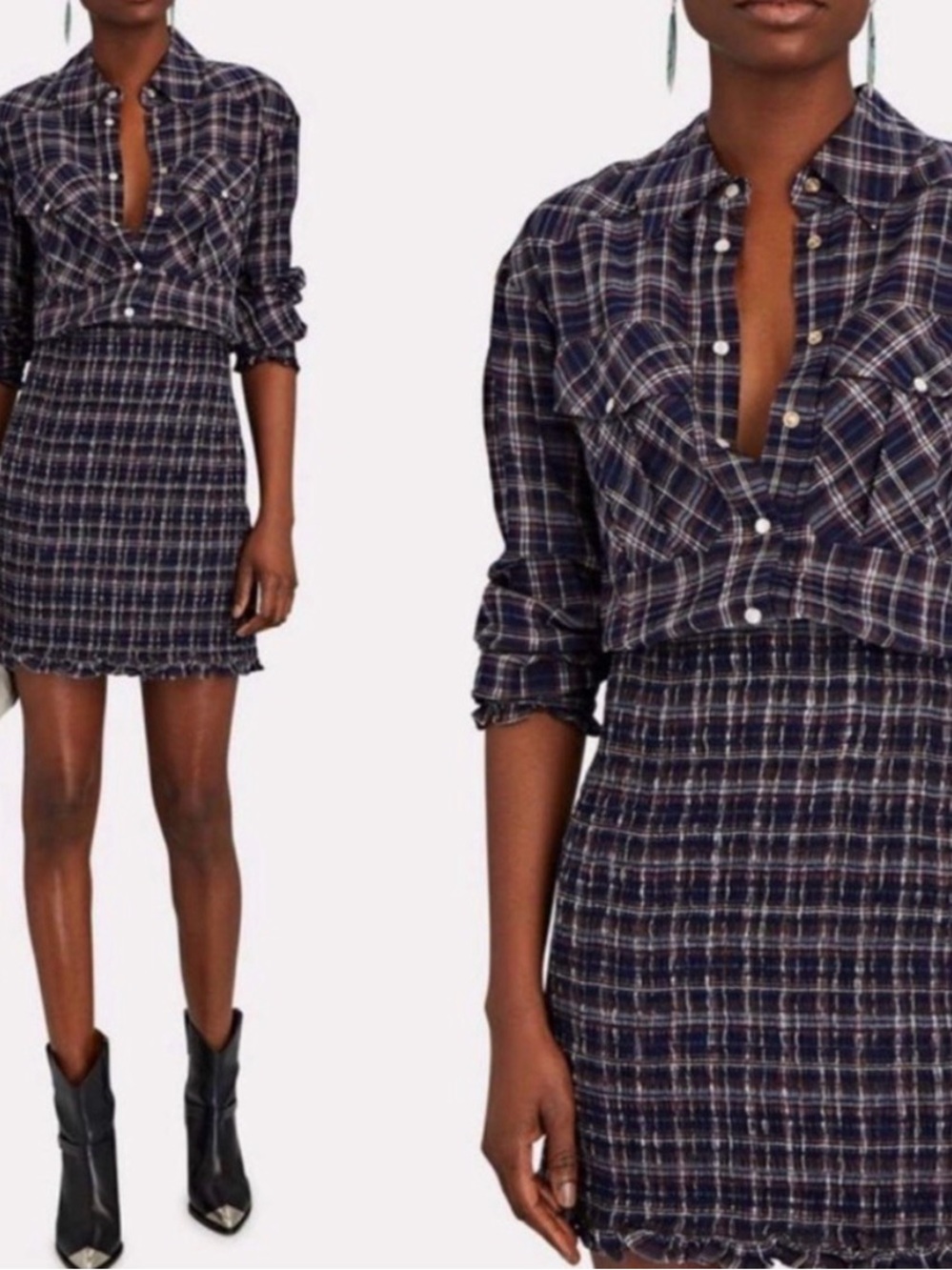 VERONICA BEARD Navy Plaid Smocked Mini Shirt Dress Pearl Snaps Size 4